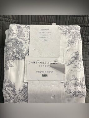 Cabbages & Roses LONDON Country Toile Slate Grey 4-Piece King Sheet Set NEW